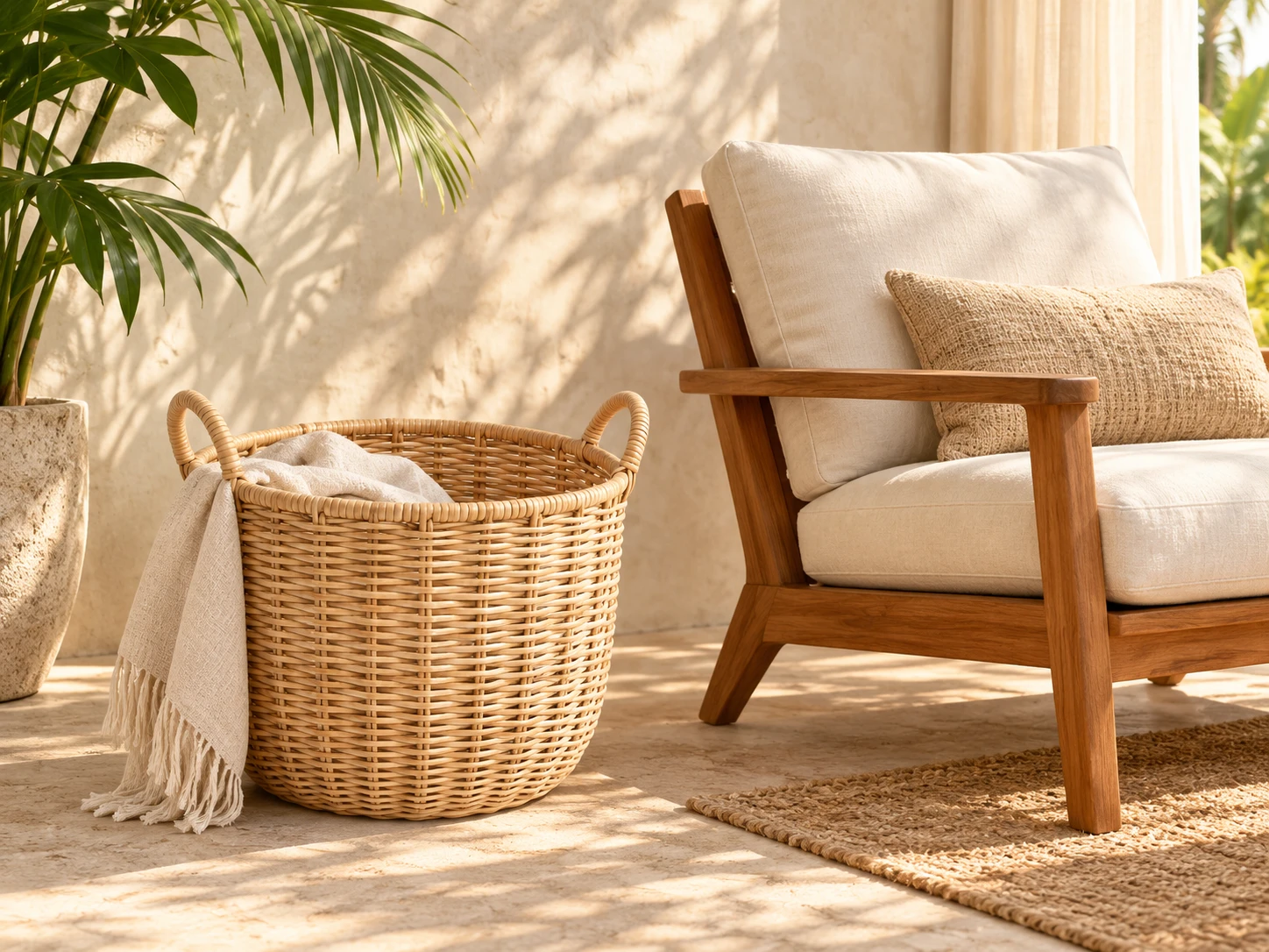A quiet reading corner with natural woven baskets and soft linen